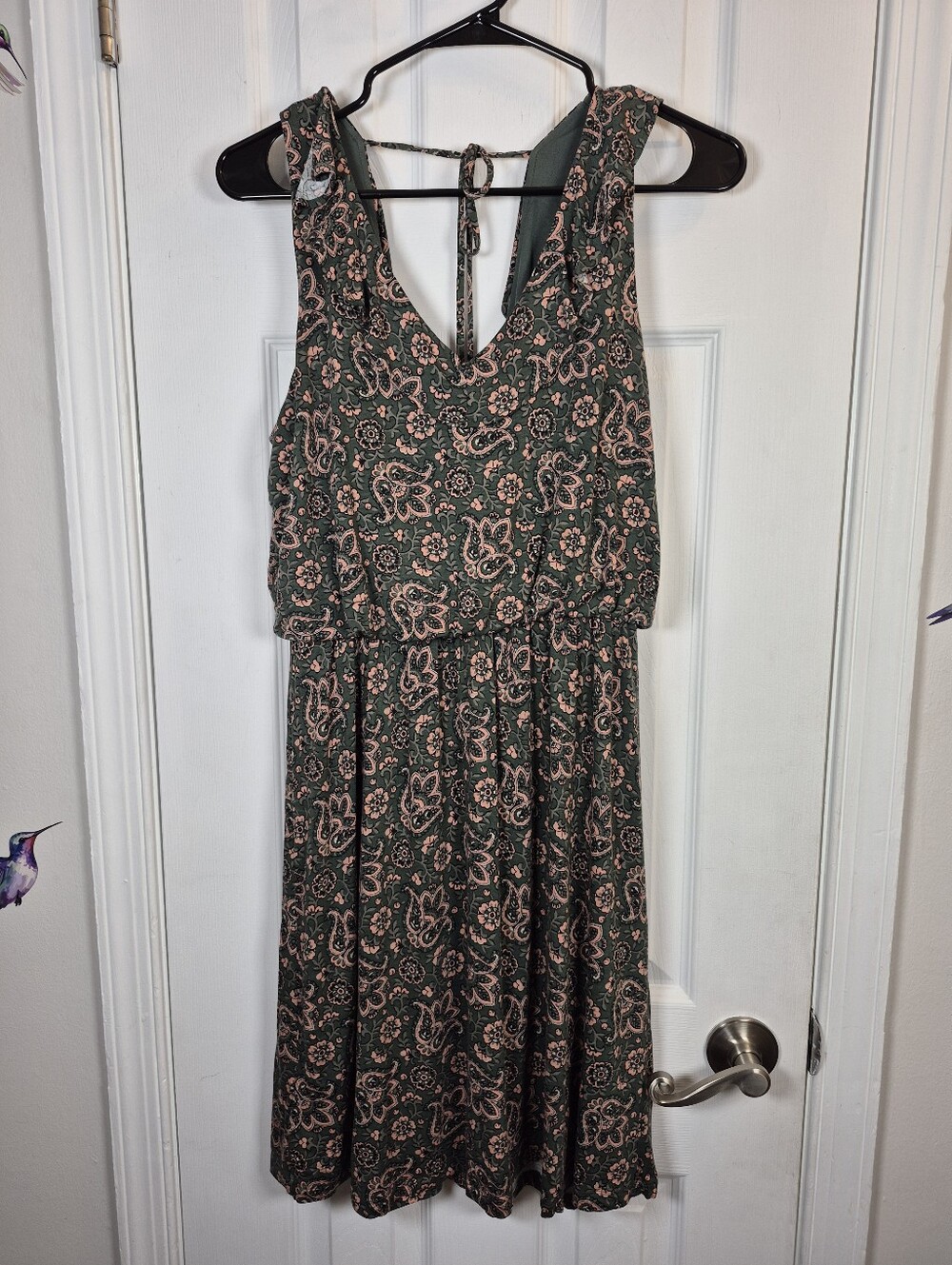LOFT Paisley Ruffle V-Neck Tie Back Blouson Dress Green Pink S